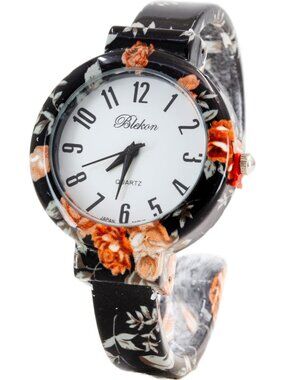 Women's Black Elegant Flower Design Bracelet Cuff Bangle Fashion Wrist Watches